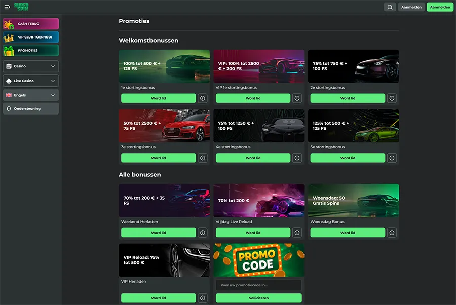 Casino acties en bonussen bij Super Spin Casino