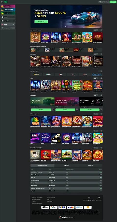 Compact overzicht van de hoofdrubrieken van Super Spin Casino