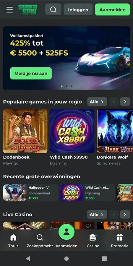 Geoptimaliseerde mobiele versie van de Super Spin Casino-website